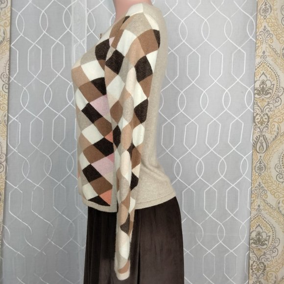 Cousin Johnny sweater Tan multi color check Cashmere blend size S - Picture 5 of 9